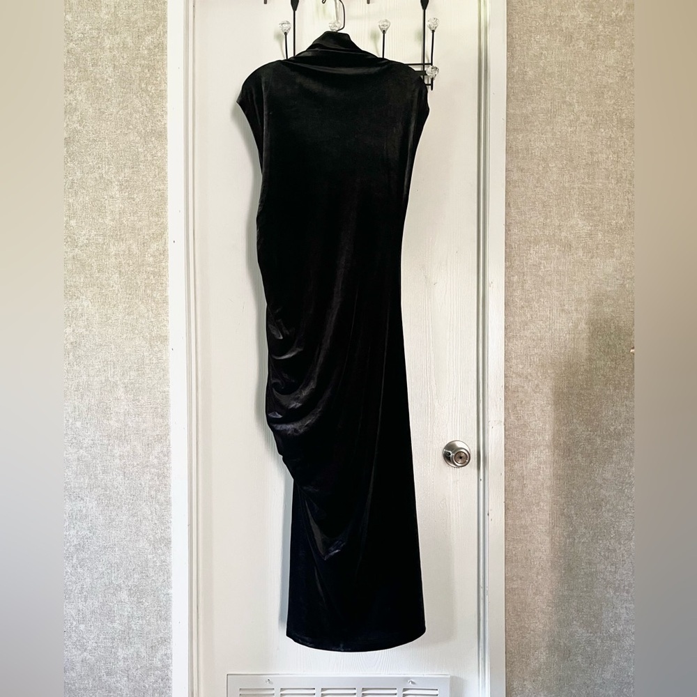 Anthropologie Black Velvet Turtle Neck Sleeveless Cinched Hip Midi Dress - Picture 8 of 12